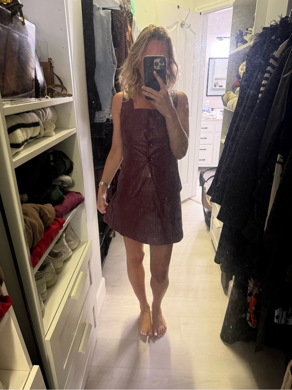 Cider Burgundy Faux Leather Woven Vest + Skirt Set NWT